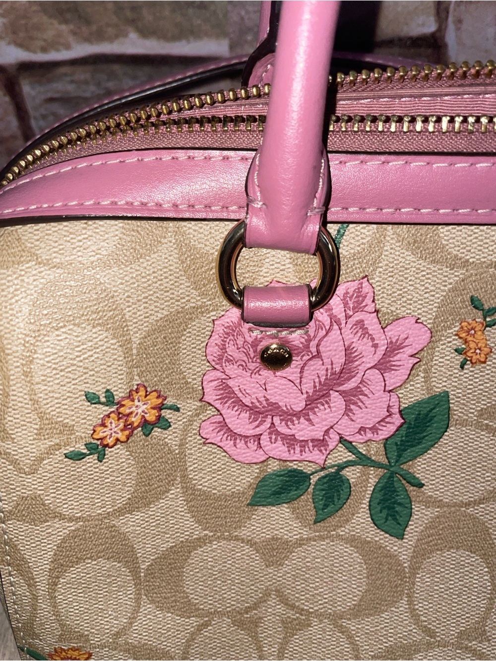 Coach Beige Signature Floral Dome Satchel with Pink Trim - Picture 4 of 13
